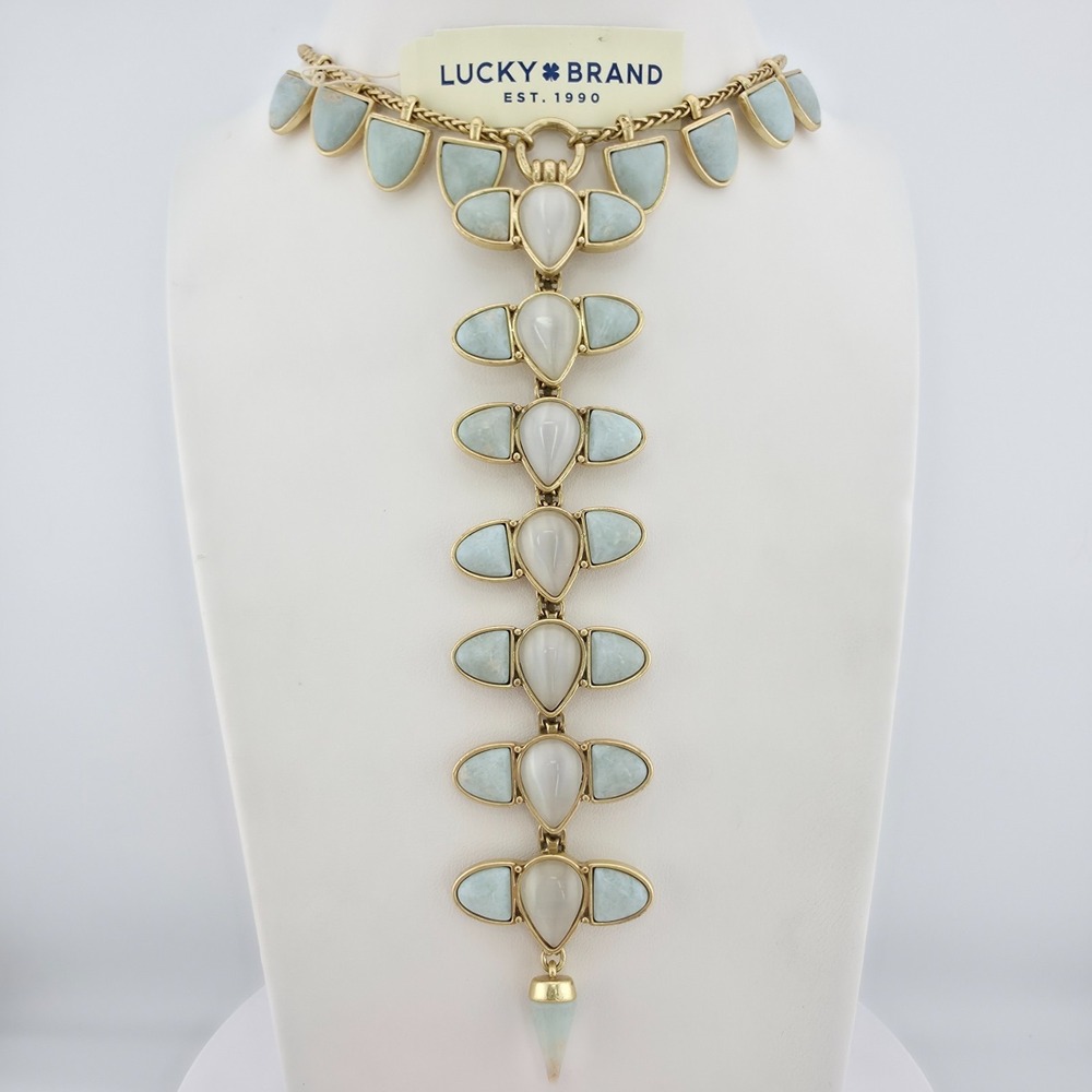 New!‎ LUCKY BRAND Y Drop Necklace Reversible Sky Blue White Stones Gold Tone 26"